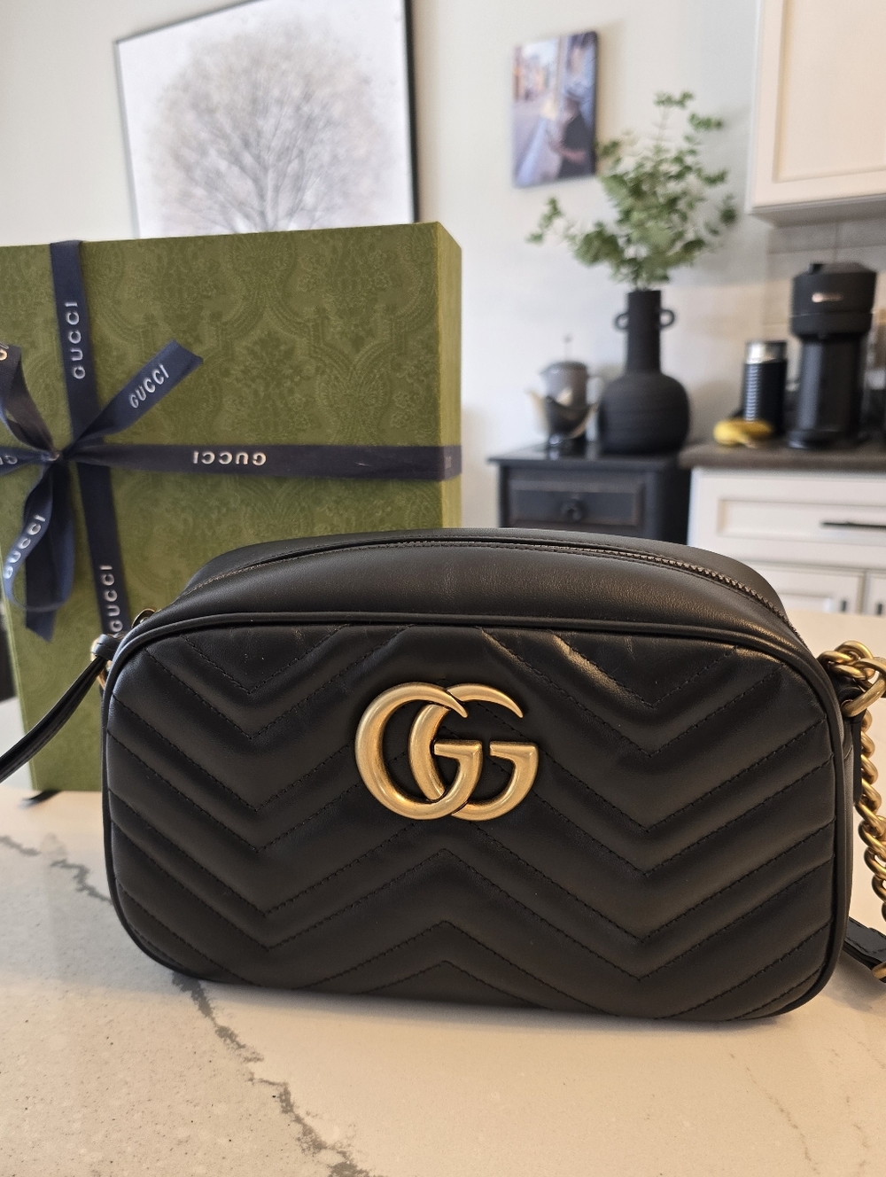 Gucci Black Quilted Leather GG Marmont Crossbody with Gold Hardware Authentic